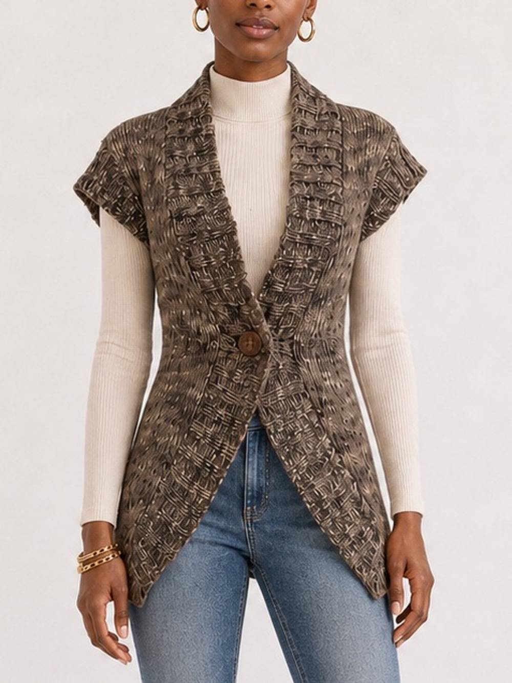 Leo & Nicole Longline Sweater Vest Cardigan Cable Knit Wool Blend Small